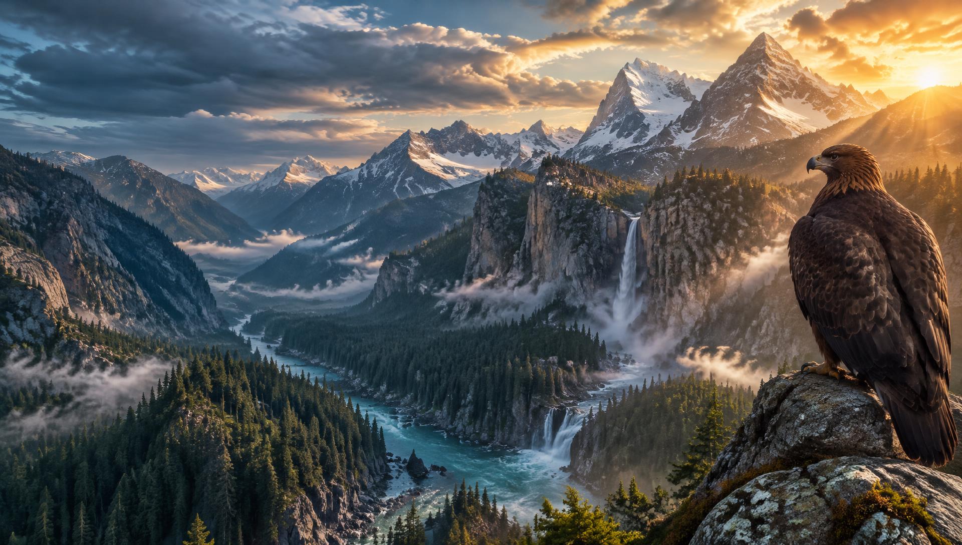 Águila de espaldas contemplando el valle al amanecer